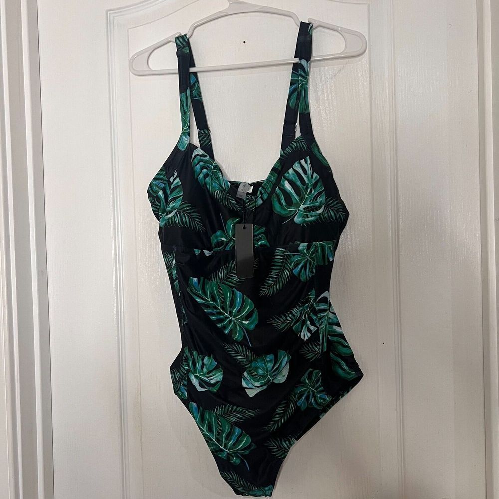 Tempt Me Womens Tropical Leaf Print One Piece Swimsuit Black Green XL Ruched NWT - Picture 2 of 12